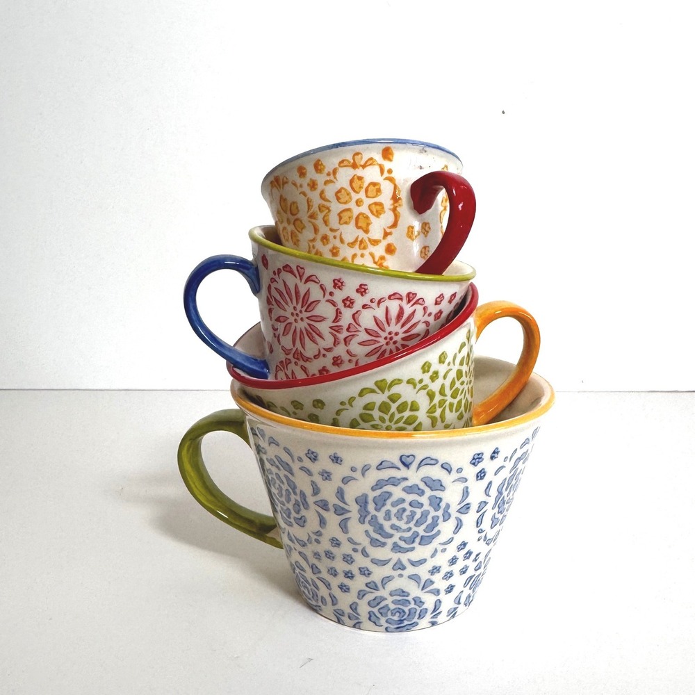 Pier 1 Imports Hand Painted Stoneware Measuring Cup Set Floral Boho 4 Piece